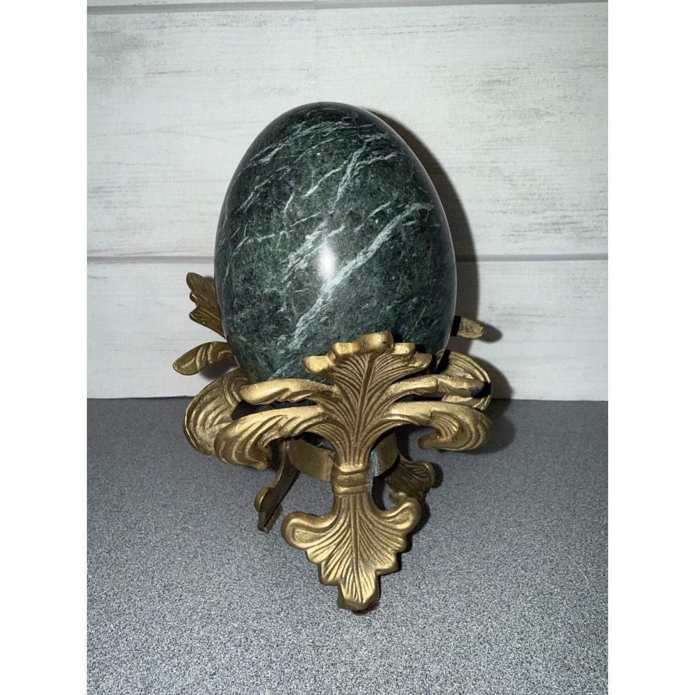 Vintage Marble Stone Egg Sculpture and Brass‎ Fleur-De-Lis Tri Foot Stand Easter